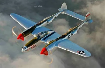 P-38 Lightning from above left in flight